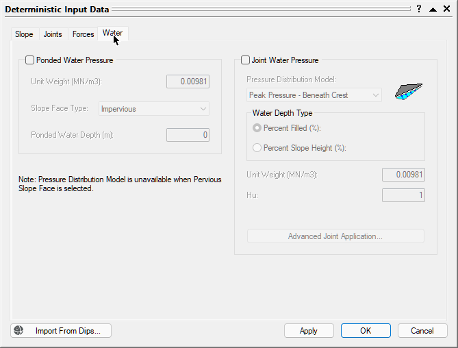 Deterministic Input Data joint water pressure dialog