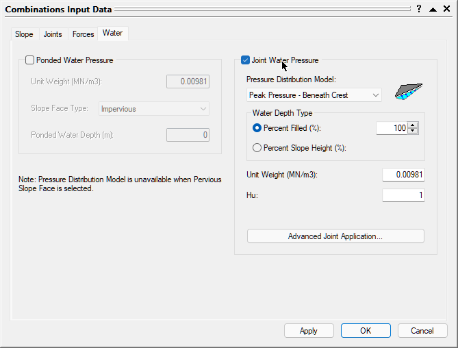 Combinations Input Data water dialog